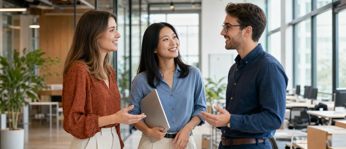 Three employees talking positively in a bright open corporate office