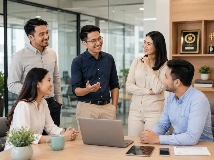 A workplace team collaborating in an open and positive conversation