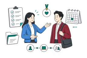 Flat illustration of an HR colleague welcoming a new hire with an onboarding checklist