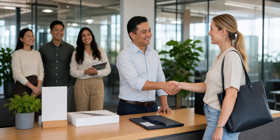 Manager welcoming a new employee on her first day in a modern corporate office