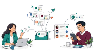 Illustration of employee feedback being collected, routed and followed up