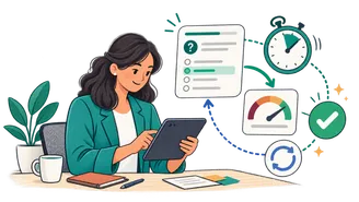 Illustration of an employee assessment with score, timer and retake workflow