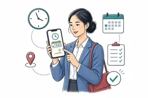 Flat illustration of an employee using attendance and leave tools on a mobile phone