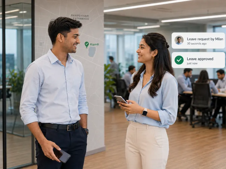 A manager and employee discussing a newly approved leave request in the office