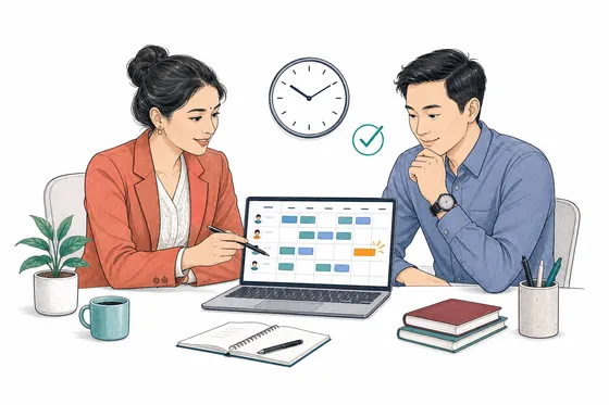 Managers reviewing shift schedules, attendance and overtime before payroll