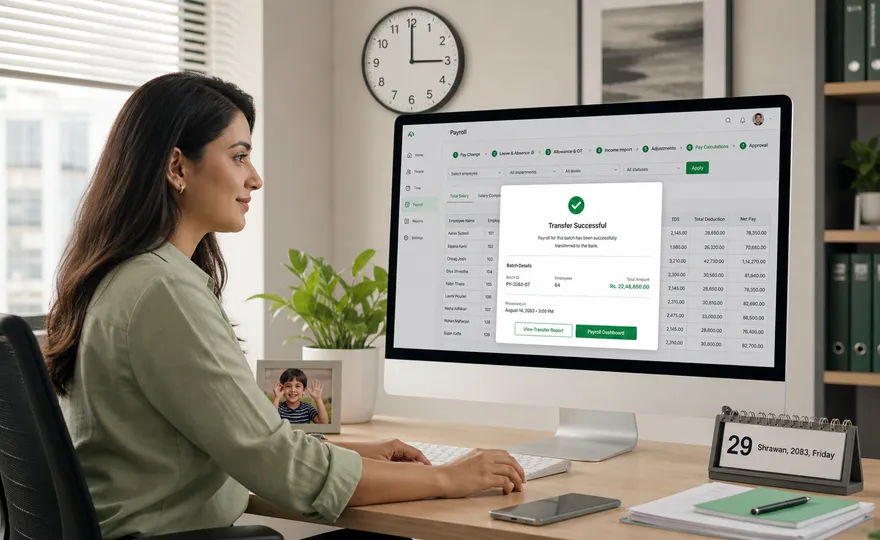Chartered accountant calmly processing payroll with a transfer success confirmation