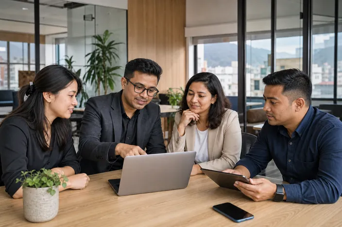 Four employees collaborating around a laptop and tablet in a contemporary Kathmandu office